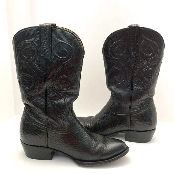 Montana Western Cowboy Boots Mens 7.5 E Bull Hide Leather Black Emboidered - Picture 5 of 11